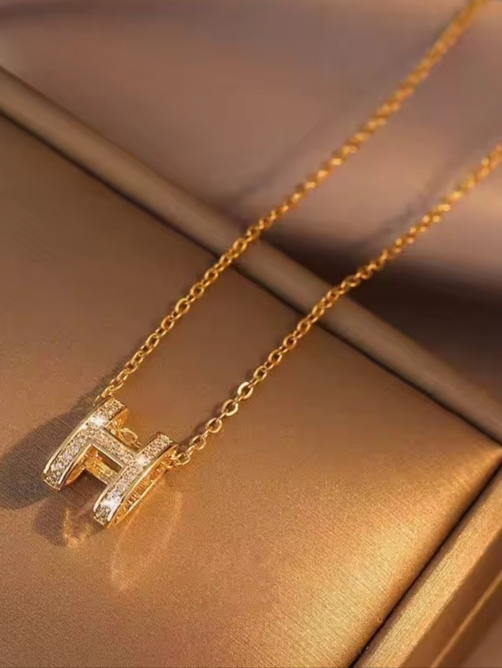 Gold Plated CZ H-Shaped Initial Pendant Necklace and Rose Gold Bangle Set Gifts - Picture 3 of 13